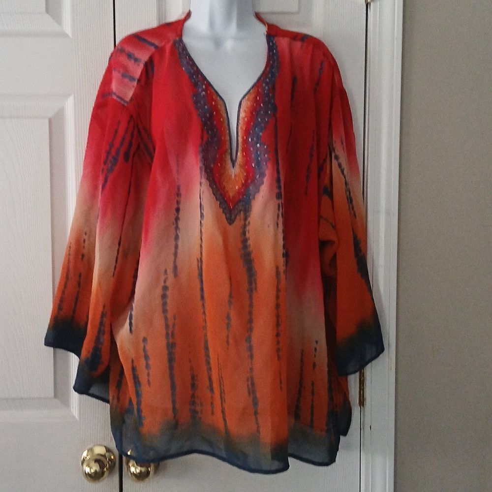 Erica Brooke Collection tie dye 3/4th length sleeve sheer blouse  Sz 26 EUC